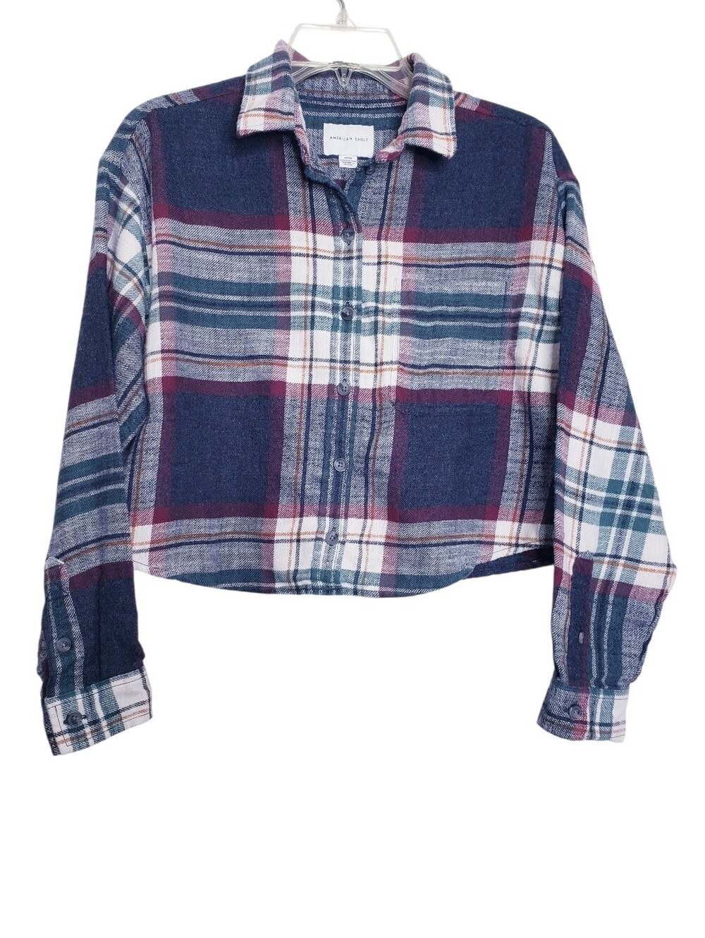 American Eagle Cropped Plaid Flannel Button Down Shirt Women's Size Small